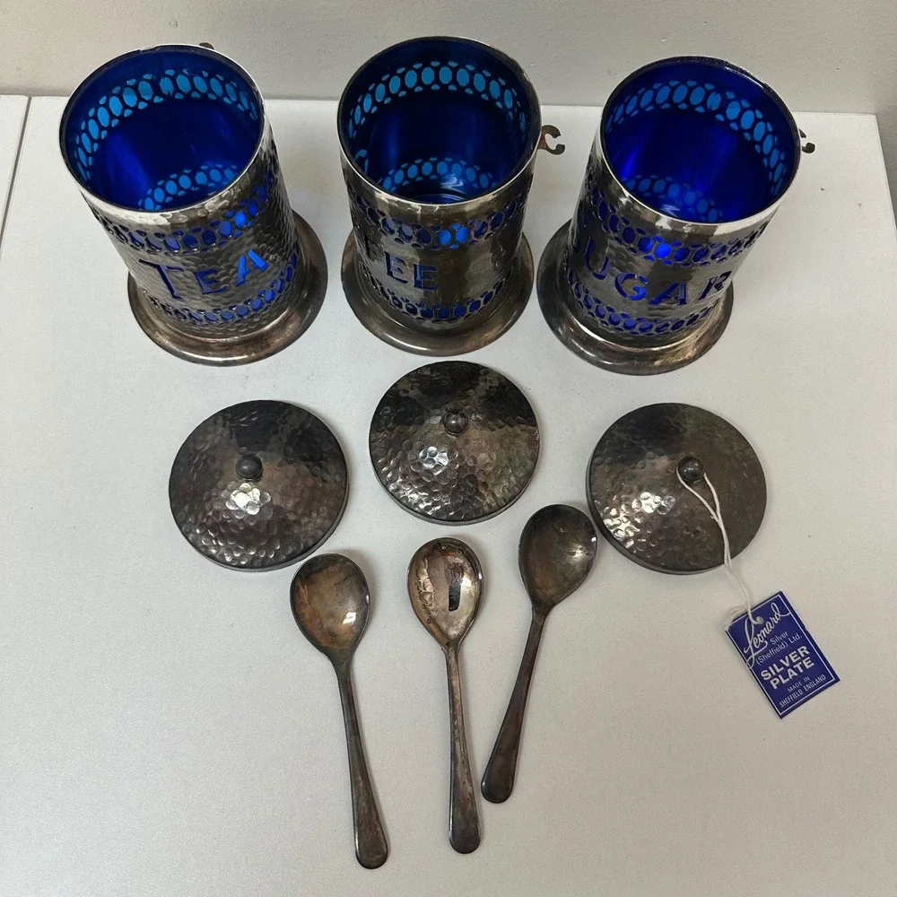 Leonard Silver Sheffield Cobalt Blue Glass Tea Coffee Sugar Canister Set 3pc